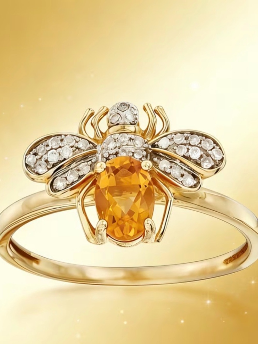 🐝🐝🐝2 for 6$🐝🐝🐝Gold Bee Ring with Citrine and Pavé Crystal Wings-7
